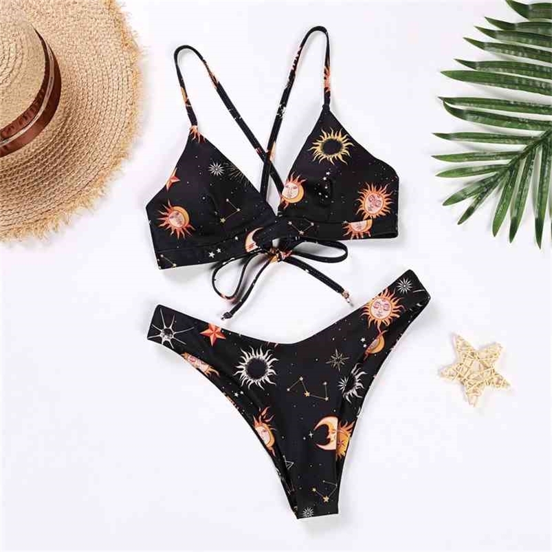 

Women's Swimwear Push Up Bandeau Bikini Low Waist Beachwear Two-Piece Separates Printed Set Sexy Exotic Swimsuit 210624