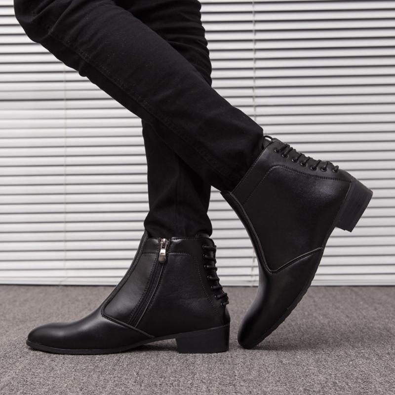 

Boots Large Winter Fashion Men's Pointing Working Cross Band Desert Casual Solid Color High Top Shoes, Black