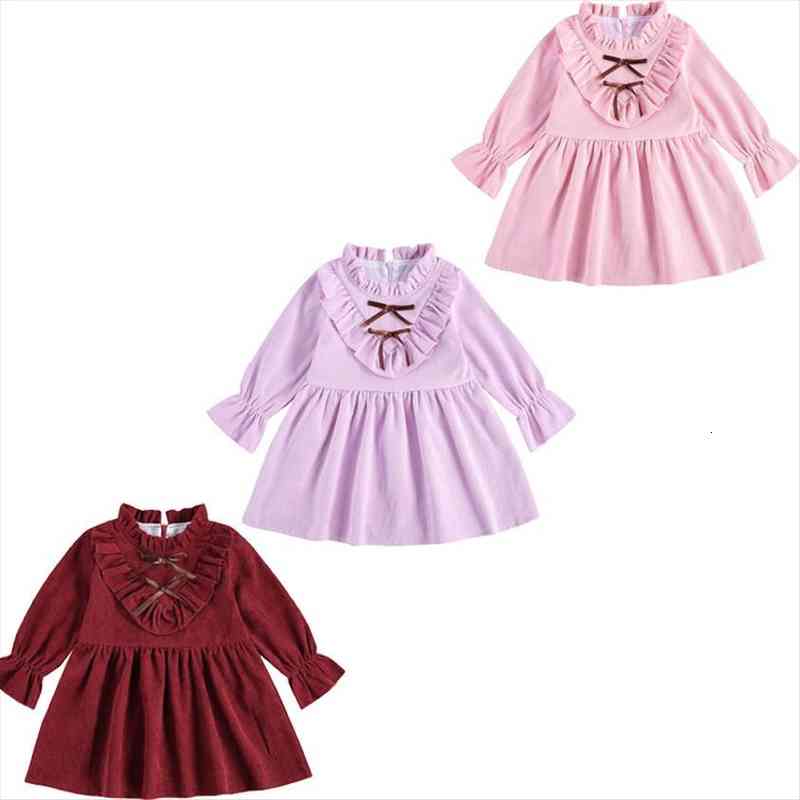 

1 6y Autumn Princess Girl Dresses Kids Girls Solid Bowknit Ruffles Long Sleeve Button Knee Length A Line 3 Colors, Red;yellow