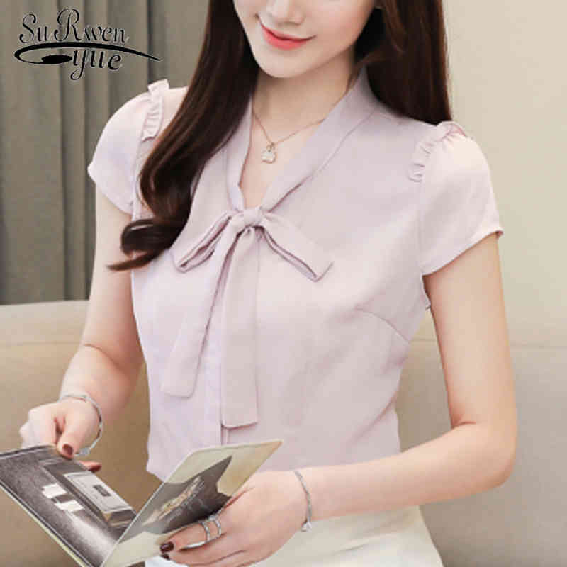 

Pink Shirt Plus Size Women Clothing Summer Korean Chiffon Tops and Blouse Bow Blusas 4132 50 210521, Orange