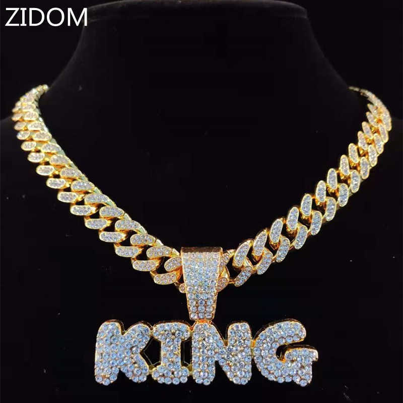 

Men Hip Hop KING Letters Pendant Necklace with 13mm Miami Cuban Chain Iced Out Bling HipHop Necklaces Male Fashion Jewelry X0707