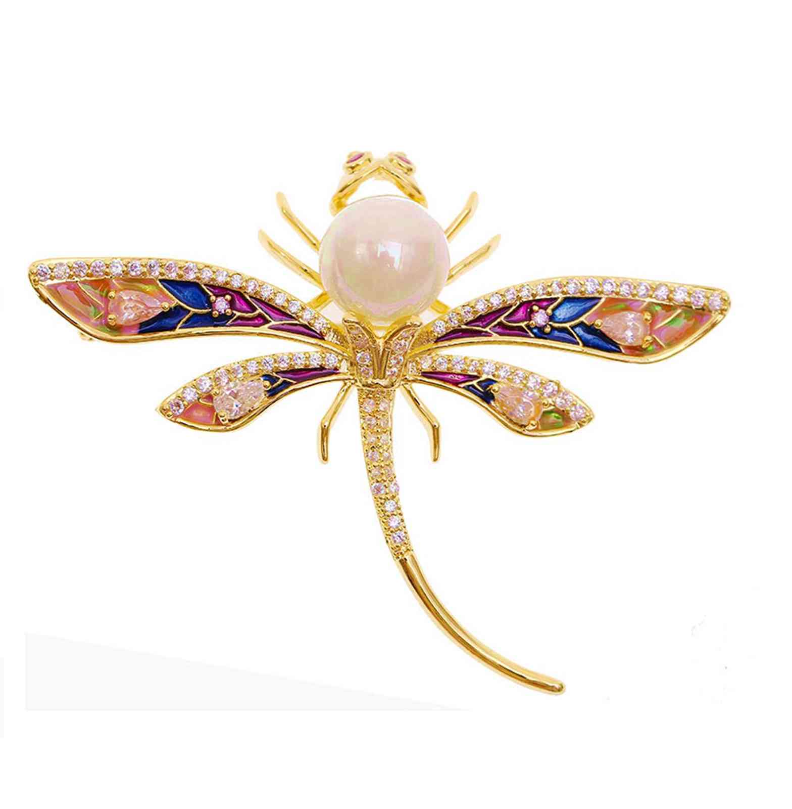 

Delightful Pave Clear CZ Set Imitated Pearl Head Colored Enamel Dragonfly Broach Pins Insect Jewelry for Loved Ones Girlfriend