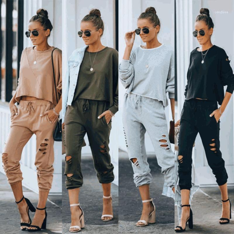 

Autumn Winter Fashion Solid Color Round Neck Long Sleeve Stitching Tshirt And Hole Pant Two Piece Set Women Sports Suit1, Gray