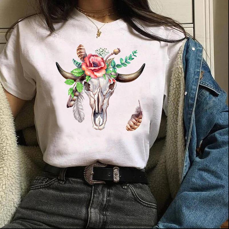 

clothes tees graphic feather vintage womens t shirts heifer skull cow flower floral clothing female shirt, White