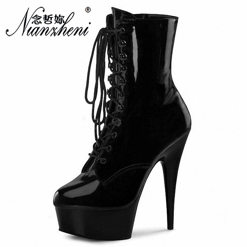 

Boots 15cm Ultra-fine High Heel Women's Shoes Night Club Sexy Fashion T-stage Low Lace Up, Black