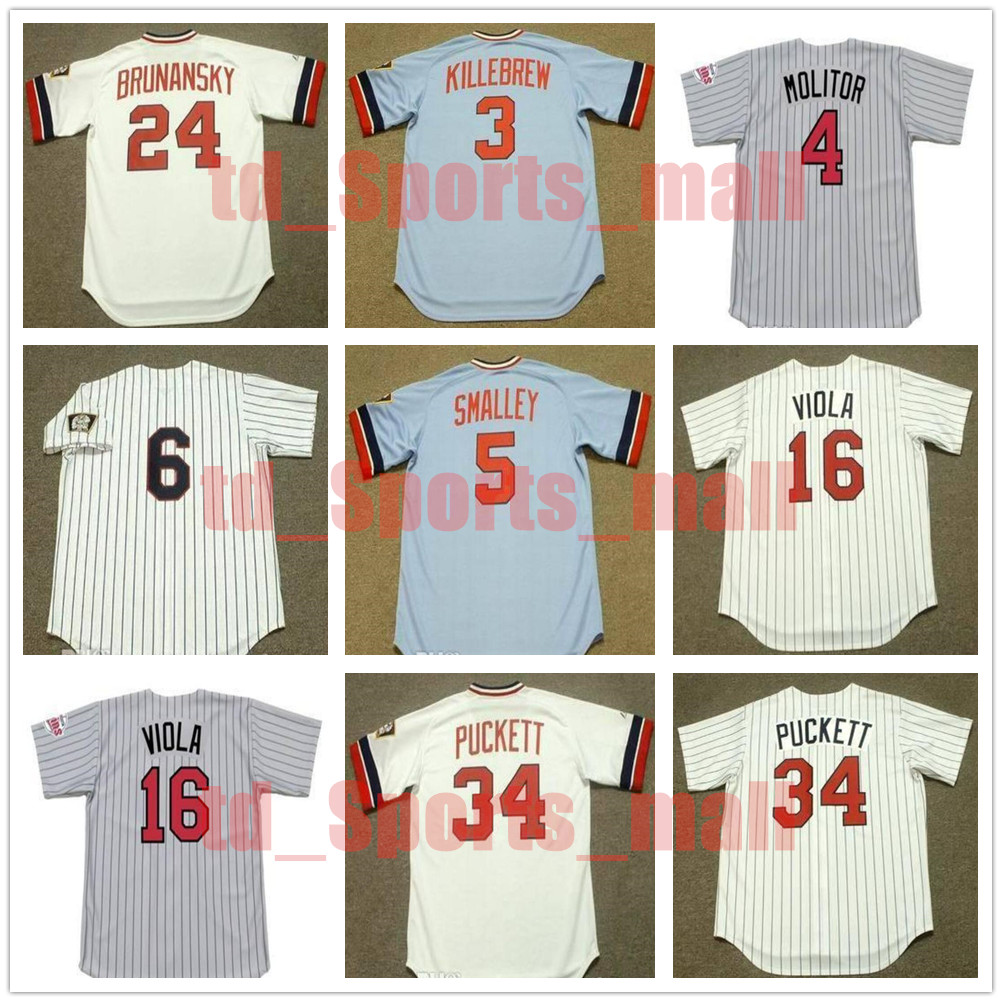 

Retro Baseball jerseys Minnesota 34 KIRBY PUCKETT 1984 3 HARMON KILLEBREW 5 ROY SMALLEY 6 TONY OLIVA 16 FRANK VIOLA 24 TOM BRUNANSKY Vintage Baseball Jersey, 24 tom brunansky 1984 blue