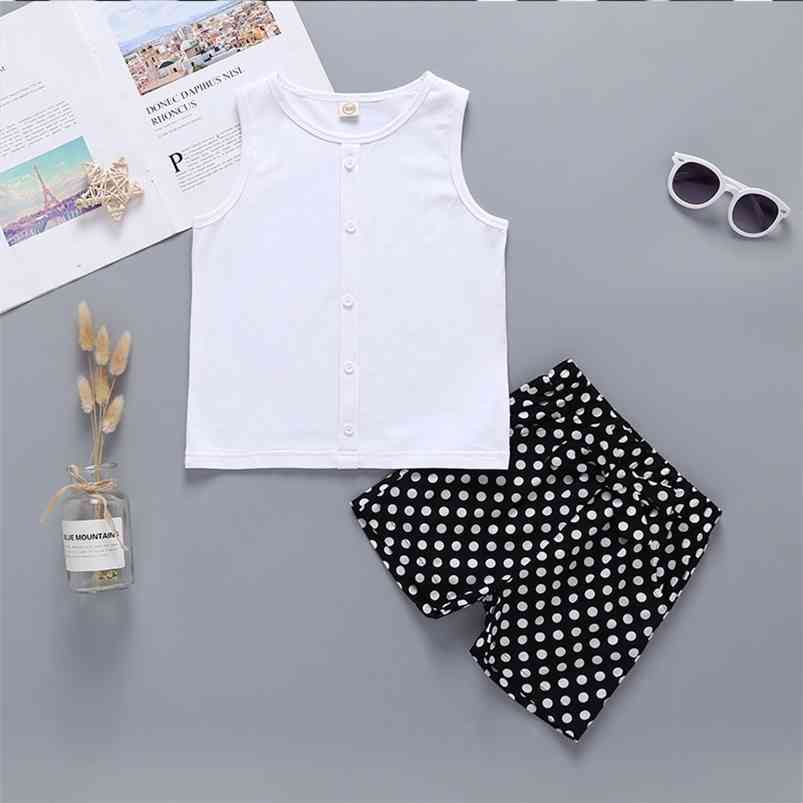 

Summer Children Casual Cute Sleeveless O Neck Single Breasted T-shirt Polka Dot shorts Baby Girl And Boys Clothes Sets 210629, White