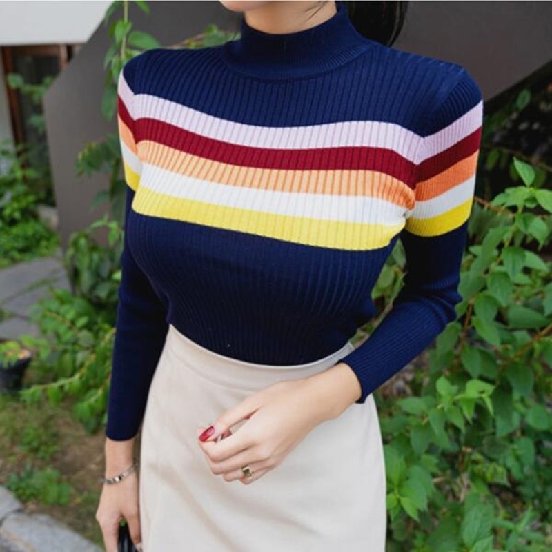 

Fall Winter Temperament OL Slim Rainbow stripes Knitted Sweater Long Sleeve Stretch Pullover Bottoming Top Women 210525, Navy blue