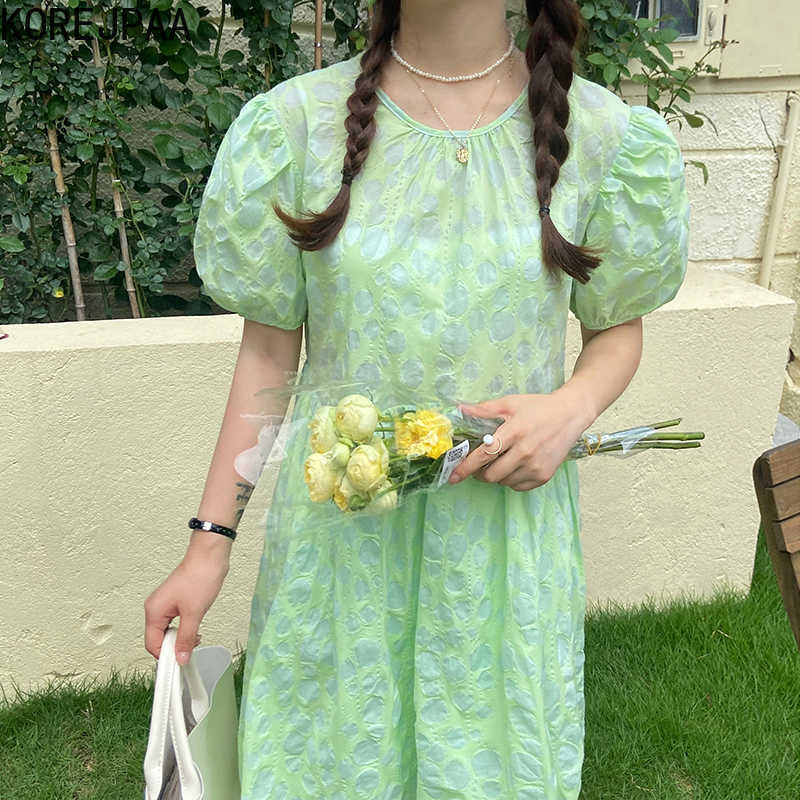 

Korejpaa Women Dress Summer Korean Chic French Fresh Sweet Round Neck Back Hollow Tie Jacquard Loose Puff Sleeve Vestidos 210526, Green