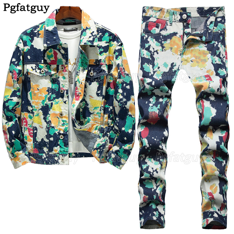 

Fashion Loose Tracksuits Men's Camouflage Two-piece Suit Multicolor Printing Lapel Denim Jacket + Straight Pants Four Season Mens Jeans Sets, Jacket and jeans 345.5022