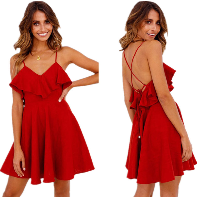 

Women Sexy Dress Backless Cross Drawstring Ruffles Bundle Waist V-neck Strap Mini Party Femme es Vestidos 210517, White