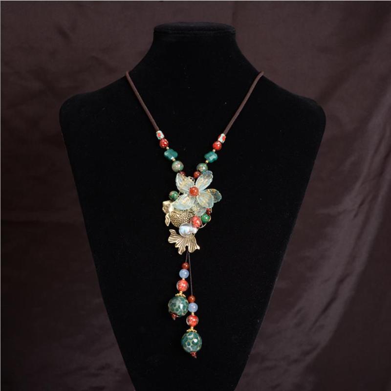 

Chains Bohemian Necklace Flower Fish Ceramic Pendant Vintage Sweater Chain Female Classic Handmade Coloured Glaze