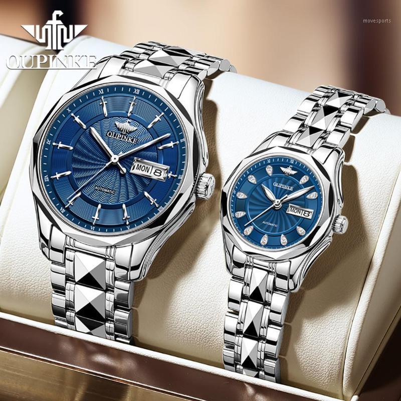 

Couple Automatic Mechanical Wristwatch Top Business Style Tungsten Steel Watchband Waterproof Lovers Watch Wristwatches, Blue