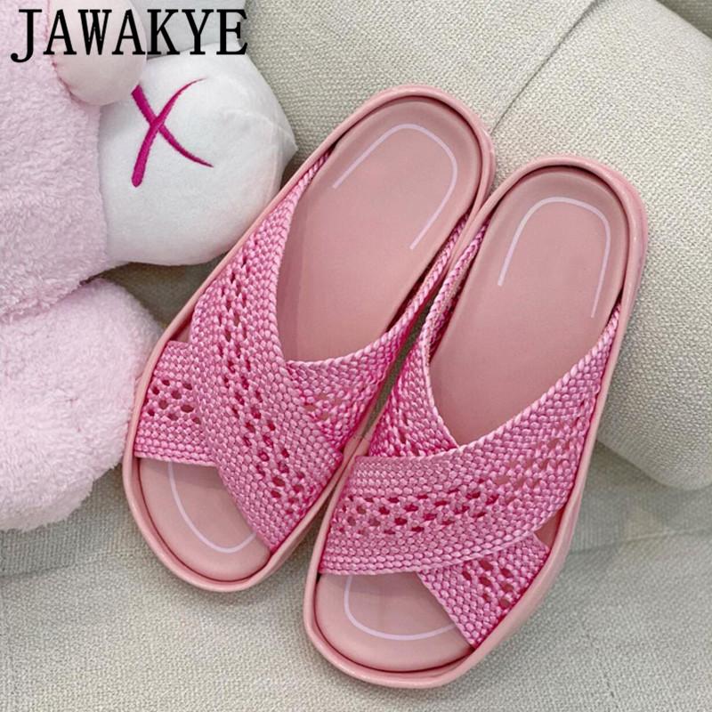 

Slippers JAWAKYE Platform Knitting Women Shoes Slip On Flat Mules Comfortable Peep Toe Slides Sandals Summer Zapatos Mujer, Black