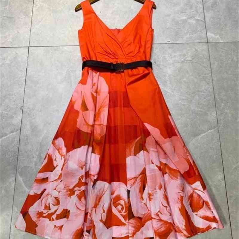 

Truevoker 100% Cotton Red Party Dres Summer Sleeveless Print Midi Runway Trends Fashion Mujer Holiday Vestido 210602, Multi