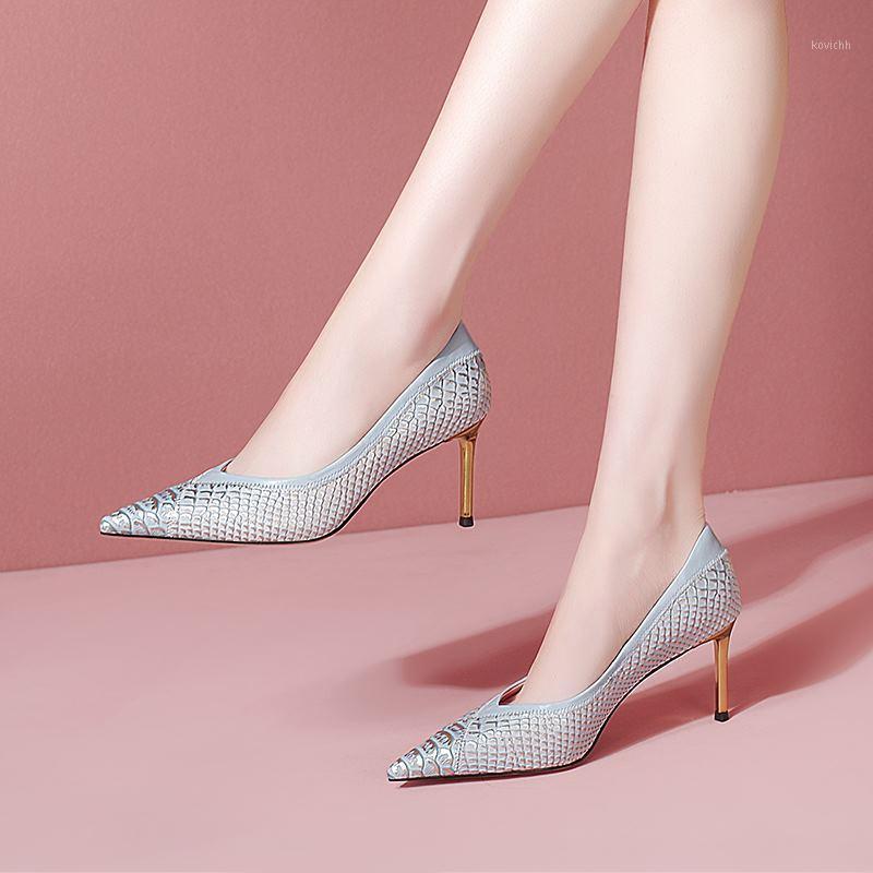 

Snake Texture Golden Thin Heel Genuine Leather Women Heels Shoes Spring Fashion Street Night Club Party High Dress, As picture