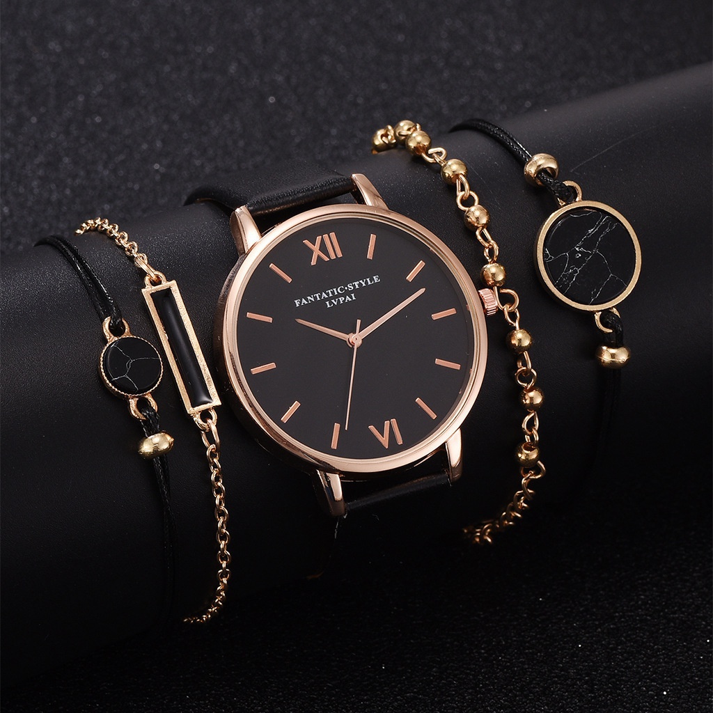 

5 Pcs/set Women's Fashion Bracelet Watches Leather Strap Luxury Analog Quartz Wrist Watch, Customize