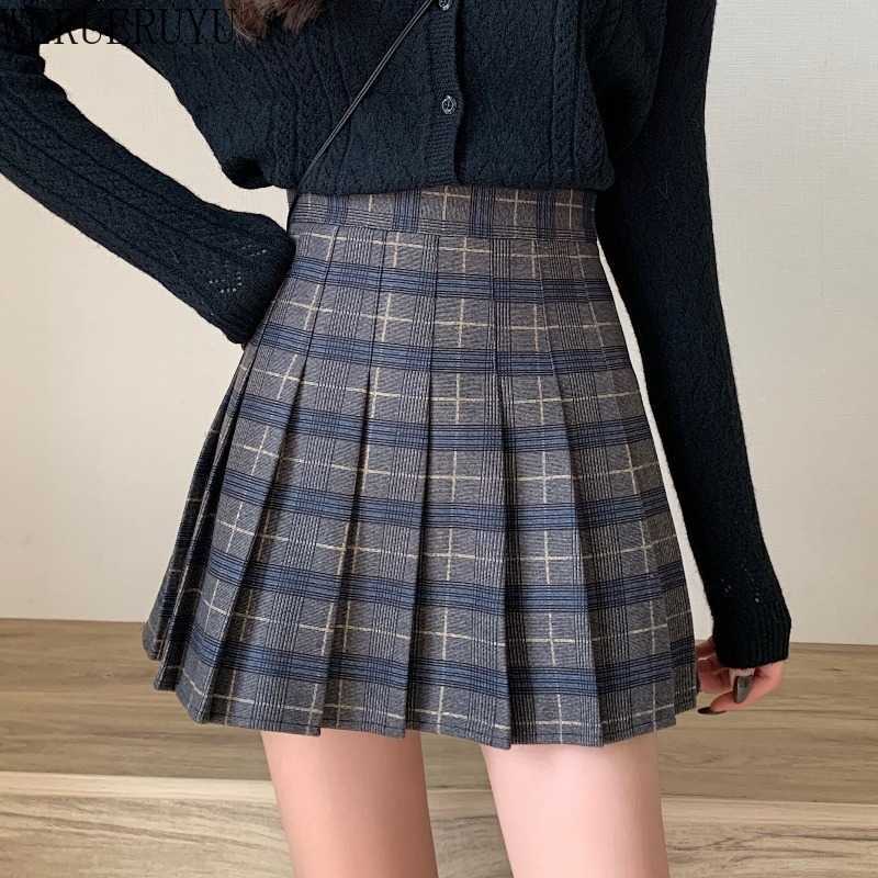 

WERUERUYU Autumn and Winter Skirt Thick Woolen Plaid A- line High-waisted Students Pleated Short 210608, Photo color