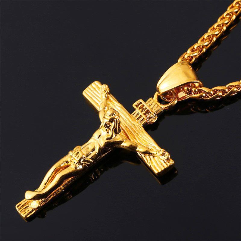 

Pendant Necklaces Men Chain Christian Jewelry Gifts Vintage Cross INRI Crucifix Jesus Piece & Necklace Gold Color Stainless Steel