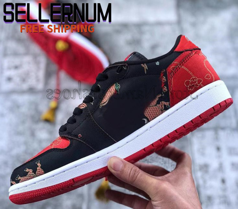 

1s Low Dunks OG Chinese Year Jumpmans CNY Shoes Men womens Basketball shoe 1 Black University Red-Metallic Gold-White trainers tassels, Bubble wrap packaging