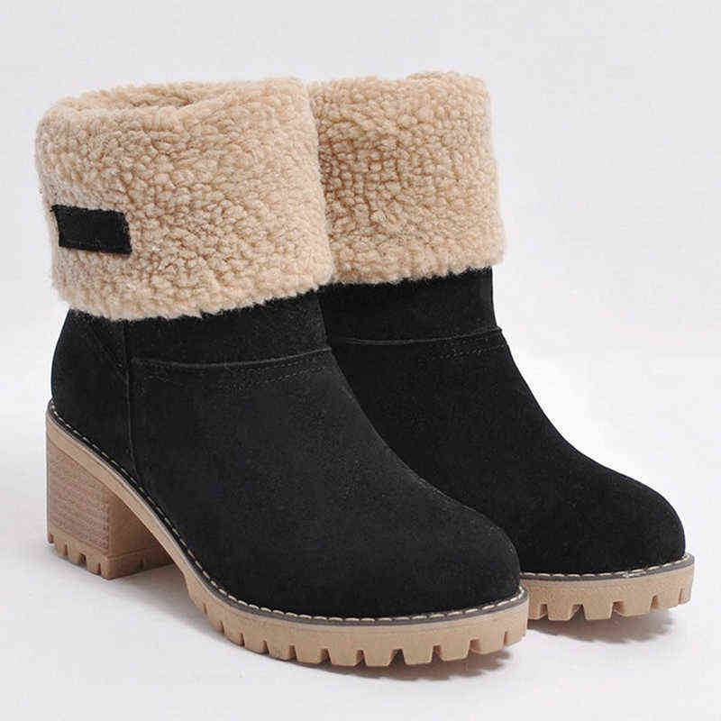 

Winter Ankle Boots Women Square Heel Snow Boots Ladies Plush Warm Platform Flock Shoes Female Slip-On Zapatos De Mujer Y1105, Camel