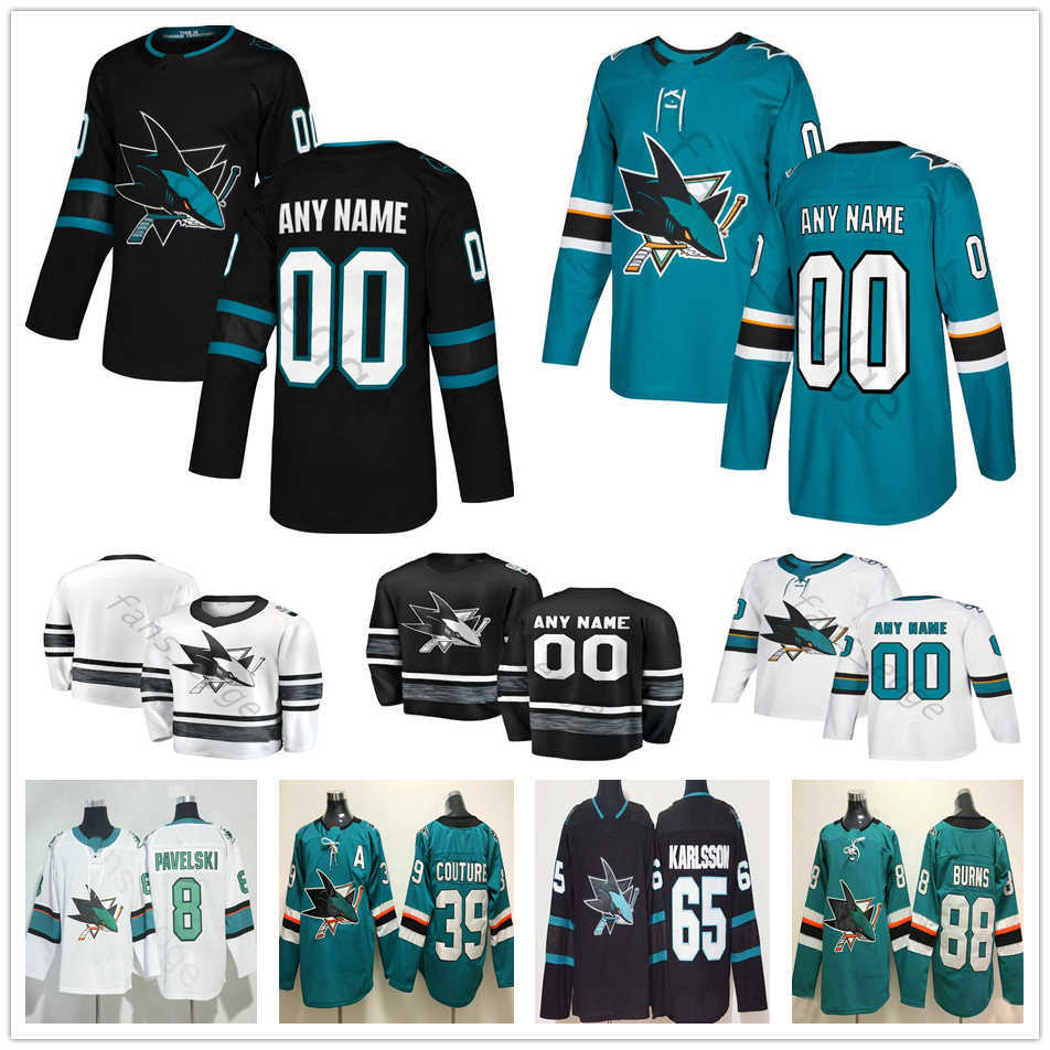 

Custom San Jose Sharks #28 Timo Meier 48 Tomas Hertl 14 Gustav Nyquist 31 Martin Jones 88 Brent Burns Men Women Kids Youth Hockey Jerseys, Black;red