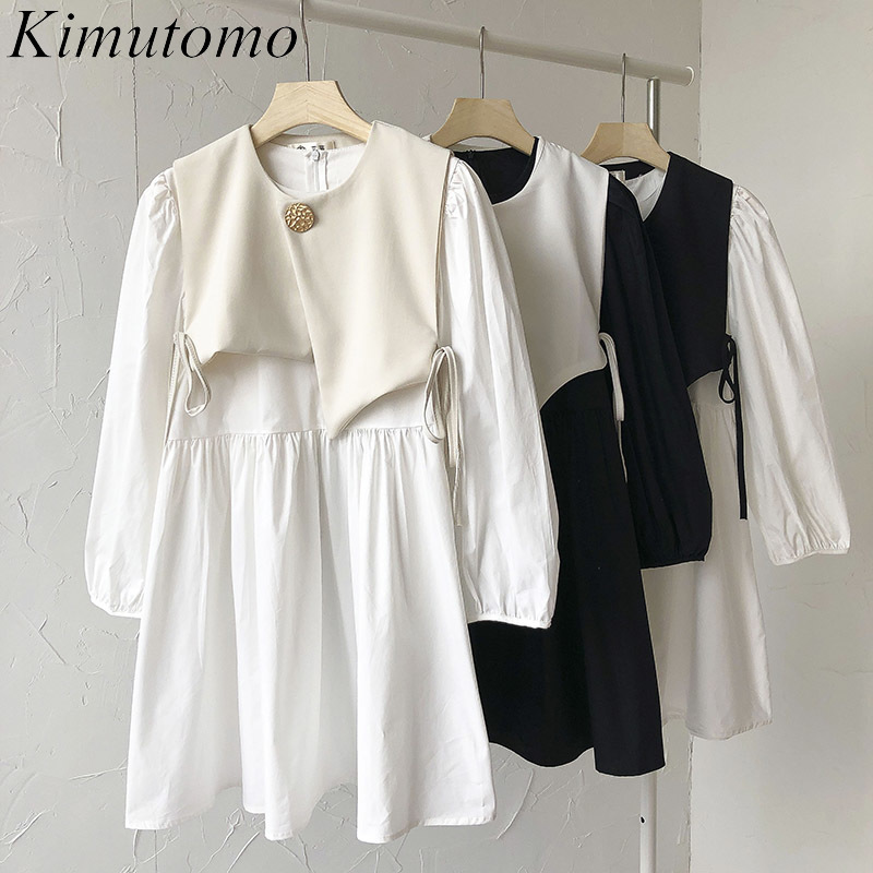 

Kimutomo Elegant 2 Peice Sets Women French Style O-neck Solid Dress and Irregular Vest Buttons Korean Chic Fashion Spring 210521, Apricot and white