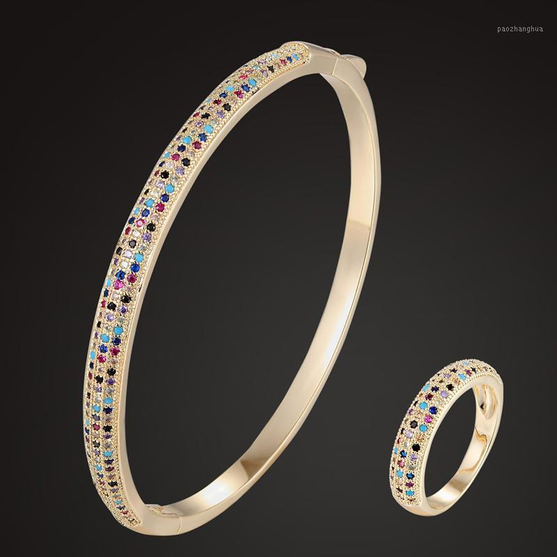 

Earrings & Necklace Zlxgirl Three Line Colorful Cubic Zircon Micro Pave Setting Bangle With Ring Wedding Jewelry Sets Fashion Copper, Silver