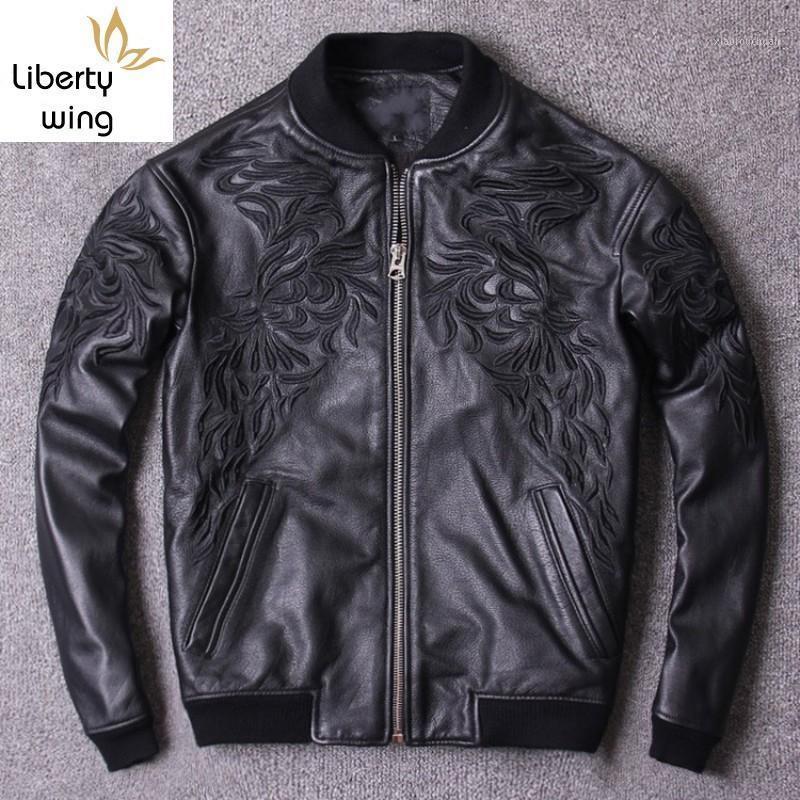 

Men' Leather & Faux Spring Motorcycle Chaqueta Cuero Hombre Embroidery Stand Collar Bomber Jacket Men Hip Hop Cowhide Genuine Pilot Coat, Black