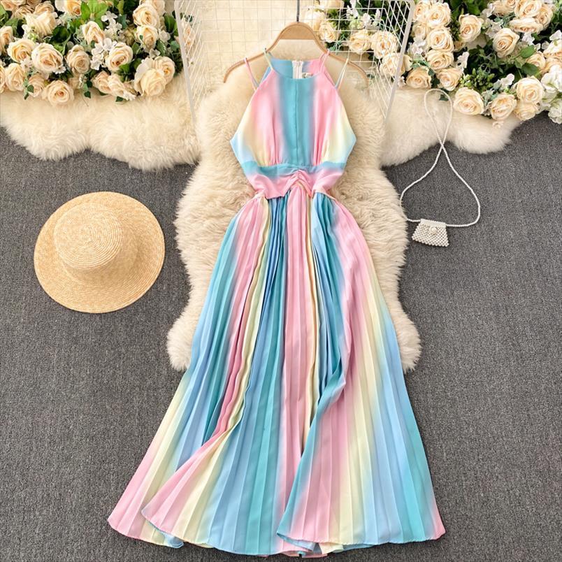

summer korean style suspender womens dresses square collar rainbow gradient slim holiday female hh508, Black;gray