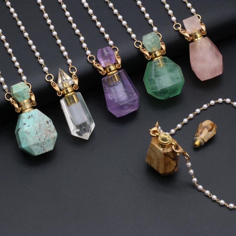 

Pendant Necklaces Natural Perfume Bottle Necklace Amethysts Rose Quartzs Essential Oil Diffuser Pearl Chain Women Jewerly