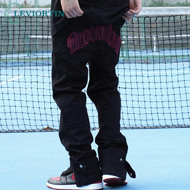 

Men' Pants High Street Zipper Black Embroidered Overalls Fashion Brand Ins Loose Straight Hip Hop Casual For Male