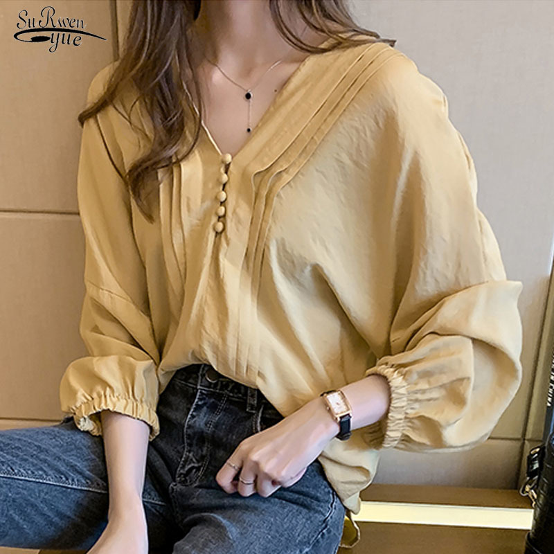 

Autumn Korean-Style Loose Lantern Sleeve Shirt Solid Color Bottoming Simple Vintage Blouse Women's 11002 210521, Black
