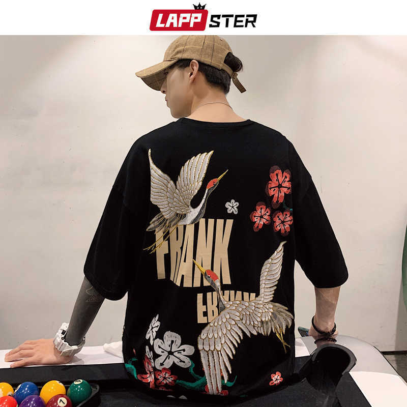 

LAPPSTER Men Japanese Streetwear Crane Shirt Summer Mens Harajuku Black Shirts Male White Korean Loose ees Plus Size 210629