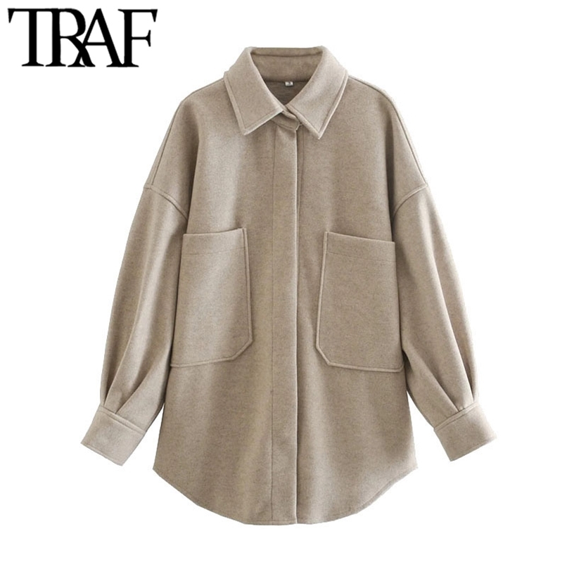 

TRAF Women Fashion With Pockets Oversized Woolen Jacket Coat Vintage Long Sleeve Snap-Button Female Outerwear Chic Tops 211109, As picture