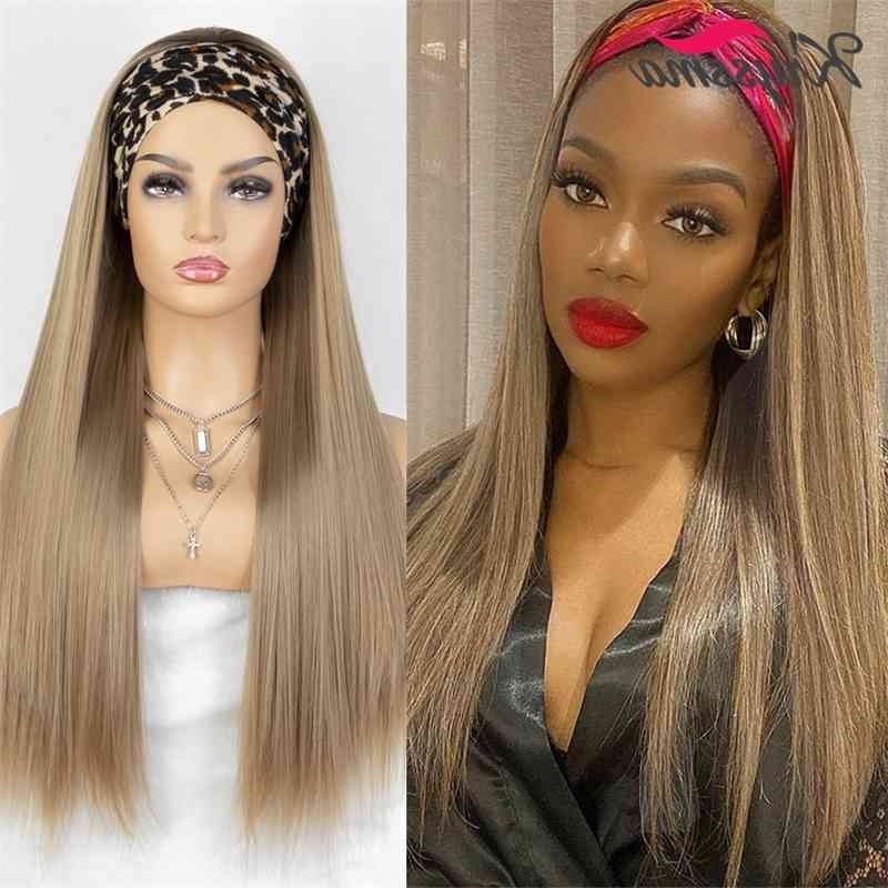 

Wig Kryssma Honey Blonde Long Straight Synthetic with Dark Roots Ash Brown Ombre Headband Wigs for Women Scarf, H0505