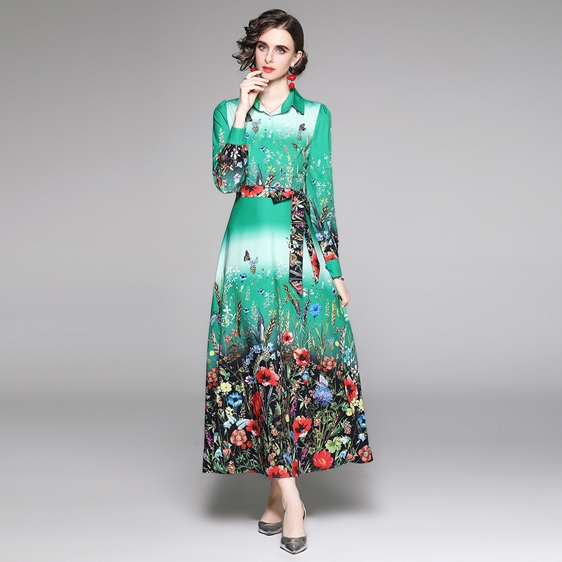 

Runway Autumn Spring Vintage Long Sleeve Print Floral High Waist Boho A-Line Party Maxi Dress Elegant Dresses Women 210603, The picture color