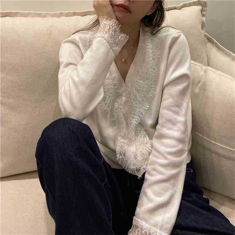 

Fashion V-Neck Pullovers Lace Warm Spring Retro Elegant Knitwear Causal Gentle Loose Sweater Tops 210525, Black