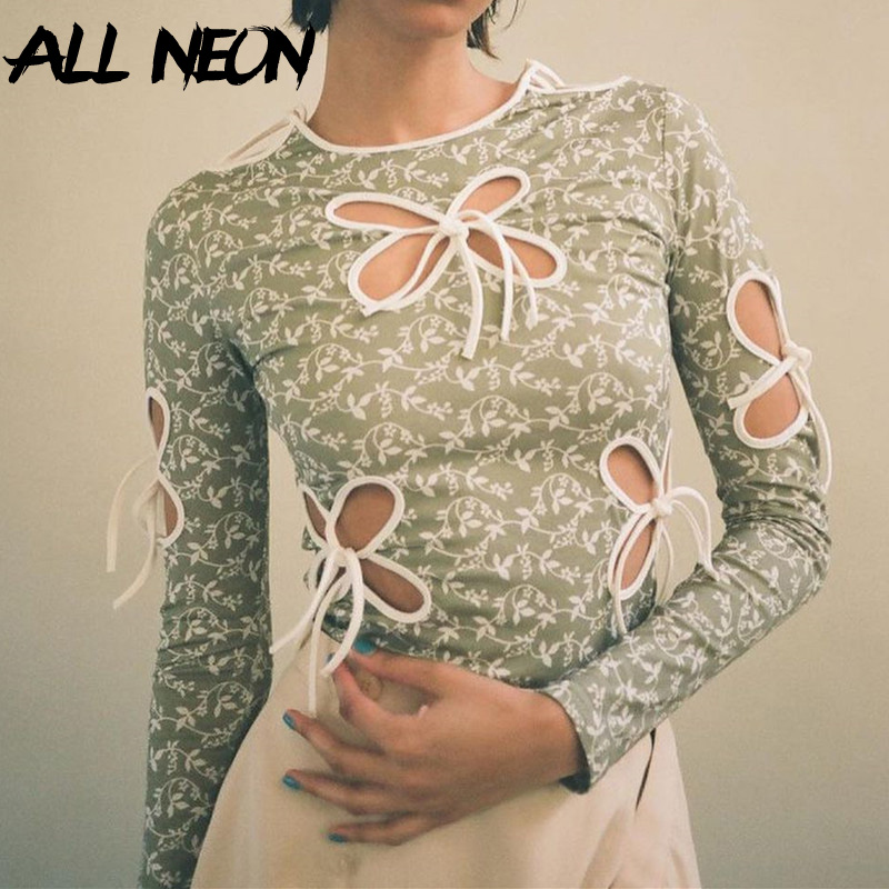 

ALLNeon Vintage Butterfly Hollow Out Bandage Long Sleeve T-shirts Streetwear 90s Print O-neck Green Tops Y2K Fashion Outfits