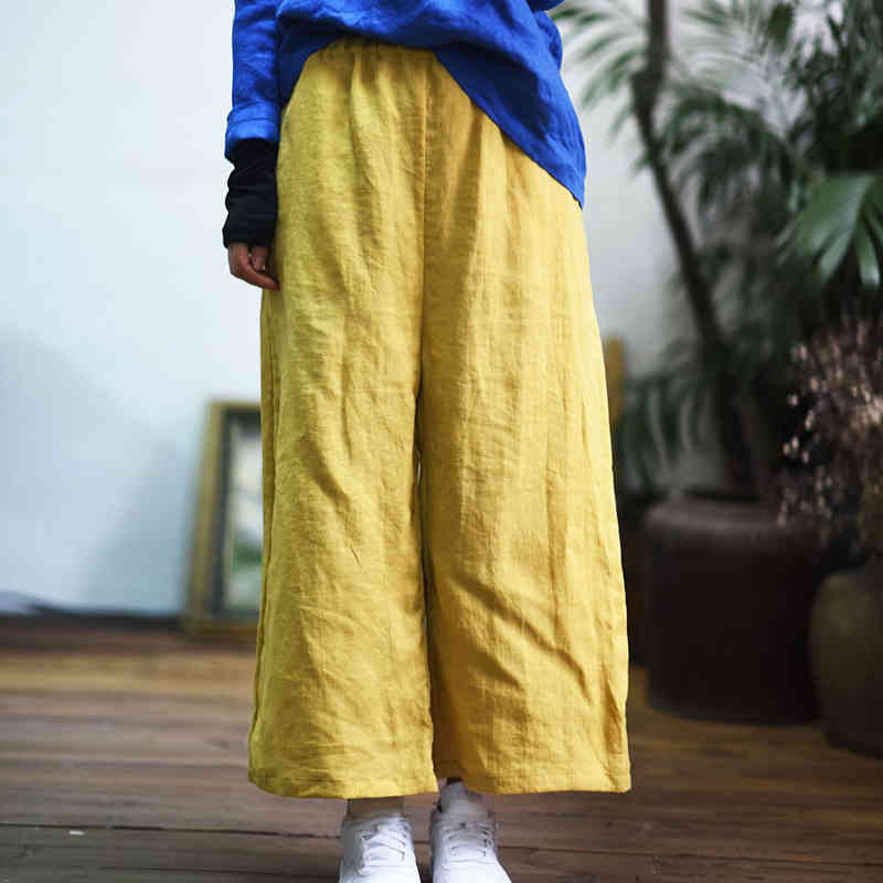 

Johnature Women Linen Wide Leg Pants Elastic Waist Spring Pockets Plus Size Women Clothing Loose Vintage Trouser 210521, Yellow