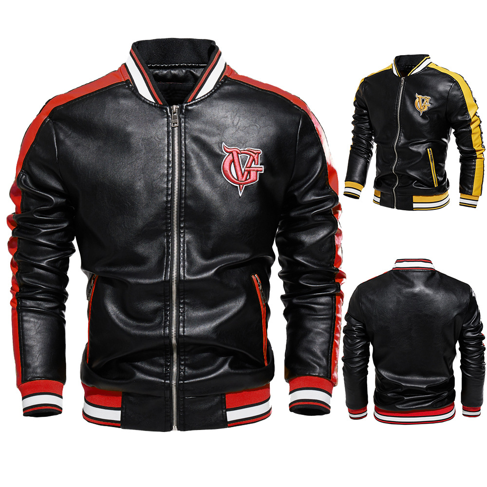 

Creative Contrast Color Men Clothing Autumn Fashion PU Jackets Male Casual Motorcycle Fleece Jacket Leather Coat, Yellow