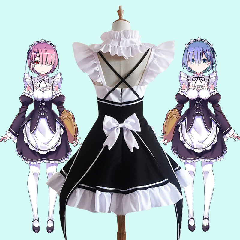 

Ram/rem Cosplay Costumes Rezero Kara Hajimeru Isekai Seikatsu Lolita Skirt for Woman Blue Pink Wig Costume Maid Servant Dress Anime Costumes
