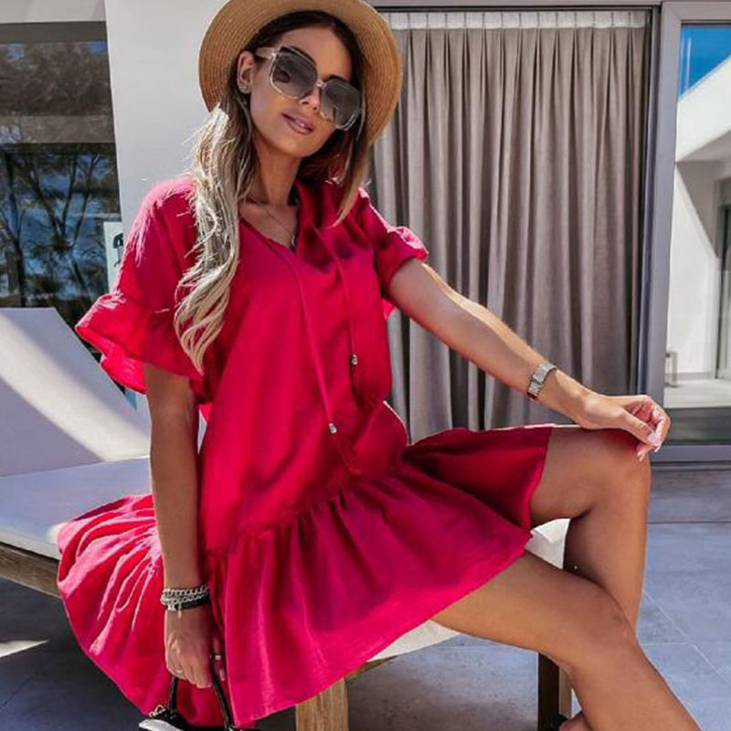 

lolita dress kawaii 2021 summer V-neck short sleeved knitting European and American style drape brief pleated dresses pure color red mini casual ball gown for girls, Black