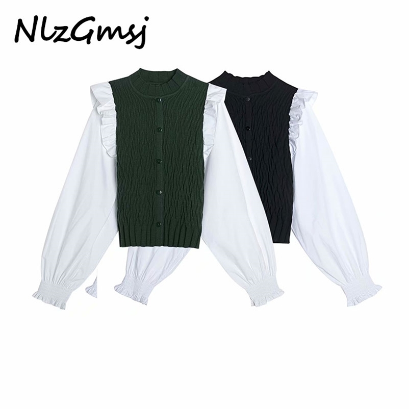 

Nlzgmsj Elegant Women Patchwork Ruffles Blouses Shirts Chic Stretch Shirt Long Sleeve Ruffled Female Tops 210628, As picture