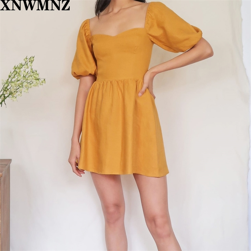 

=Yellow Cotton women dress Vintage Puff sleeve Summer Dress Fashion Elastic vestidos High Waist Streetwear Sweet Dresses 210520, Orange