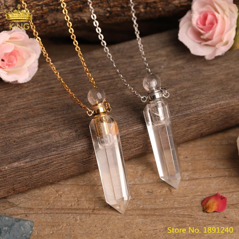 

Pendant Necklaces Natural Gems Stone Perfume Bottle Pendants Gold Silvery Chains Necklace,Faceted Point Essential Oil Diffuser Vial Necklace