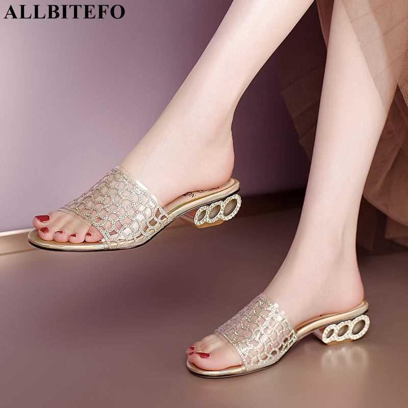 

ALLBITEFO Size 34-41 Golden Heel Hollow Out Genuine Leather Sheepskin Insole Women Heels Sandals Sexy Summer Slippers Flip Flops 210611, As picture