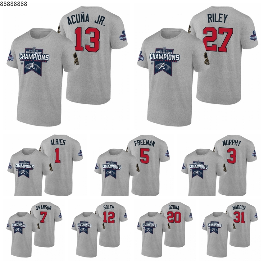 

AtlantaBravesMen Women Youth 13 Ronald Acuna Jr. 27 Austin Riley 5 Freddie Freeman 1 Ozzie Albies 7 Dansby Swanson 2021 World Series Champions Baseball T-Shirt