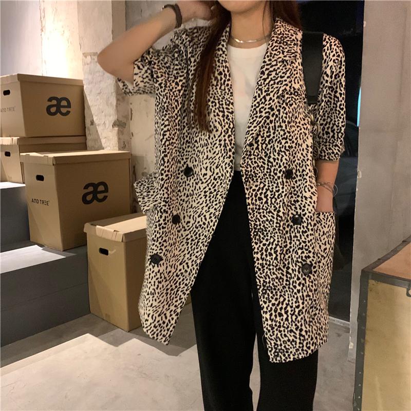 

Jacket Women Summer Korean Leopard Print Double Breasted Loose Mid-length Blazer Short Sleeve Female Suit With Pockets Women's Suits & Blaze, Khaki blazer