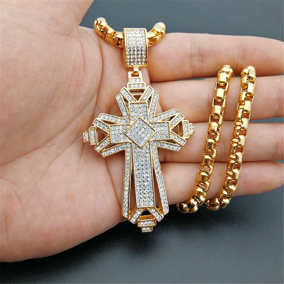 

2019 Newest Iced Out StainlSteel Big Cross Pendant Necklace for Men Gold Color Christian Cruzar Necklace Religious Jewelry X0509